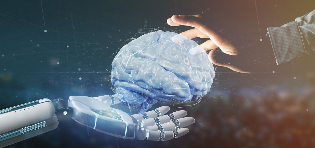 View of a Cyborg hand holding a  artificial brain 3d rendering